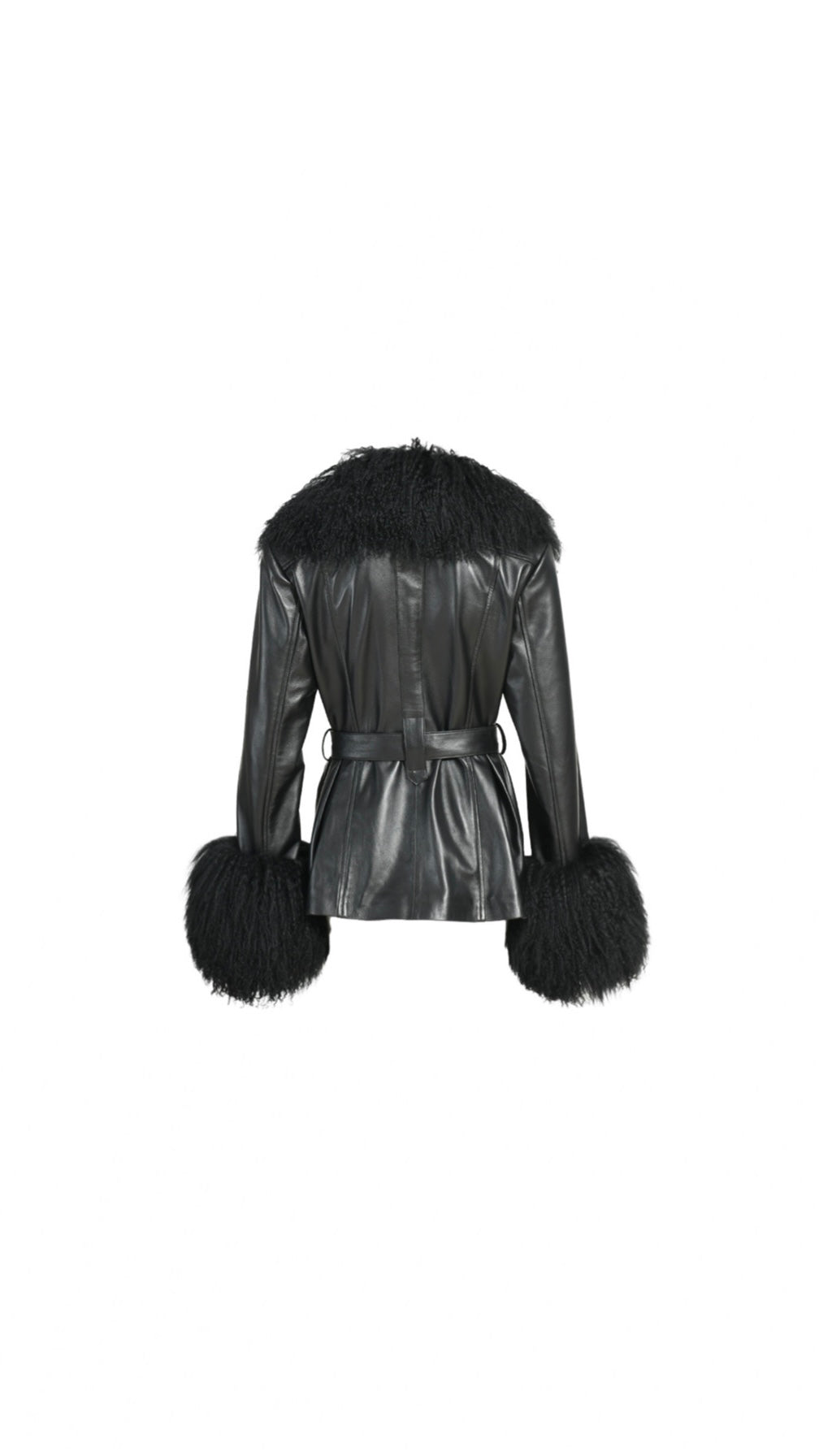Belted Leather Jacket With Mongolian Fur