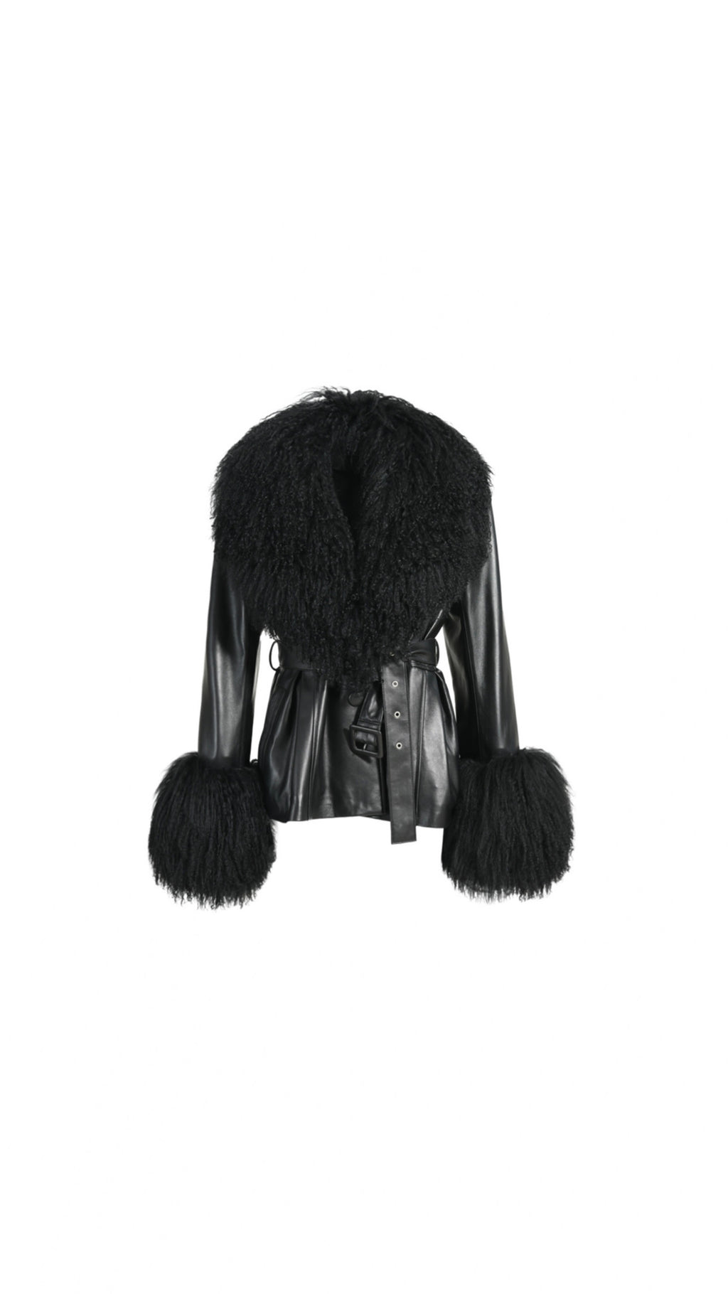 Belted Leather Jacket With Mongolian Fur