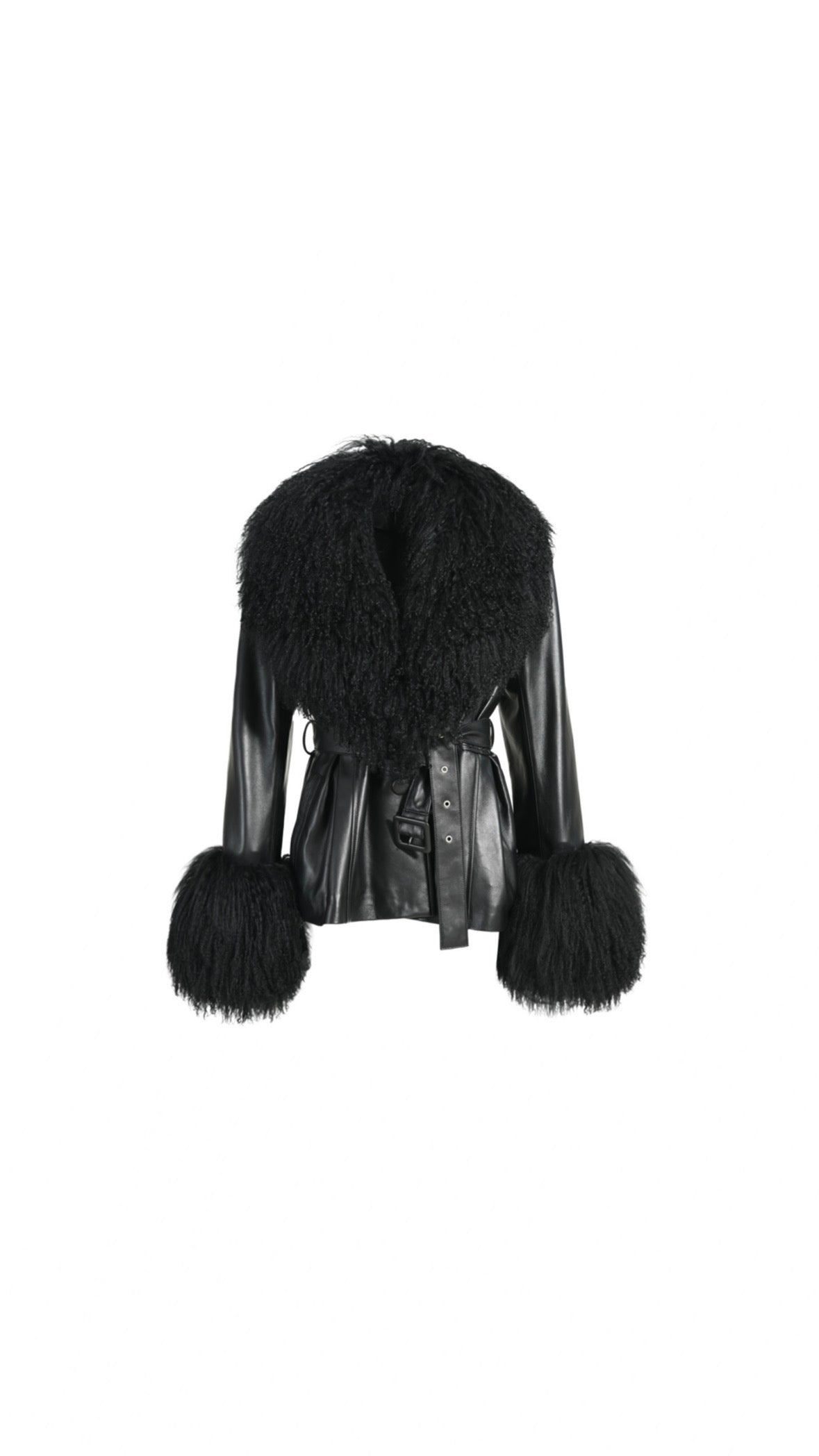 Belted Leather Jacket With Mongolian Fur