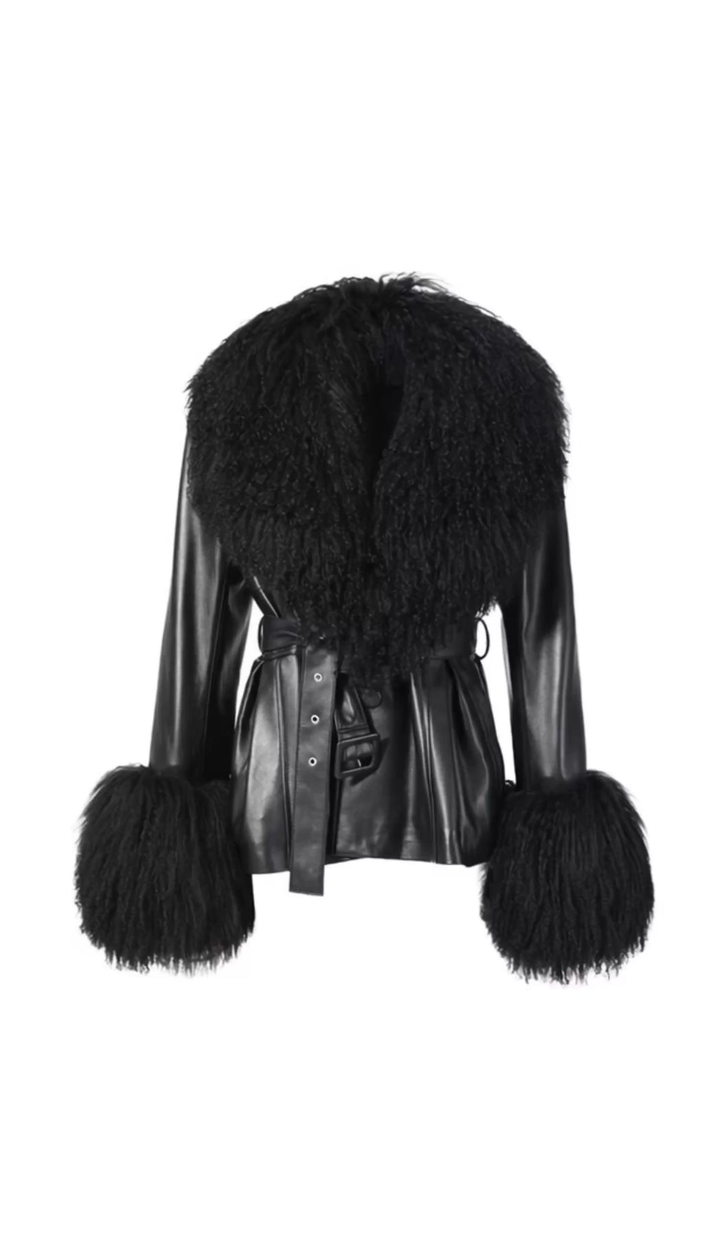 Belted Leather Jacket With Mongolian Fur