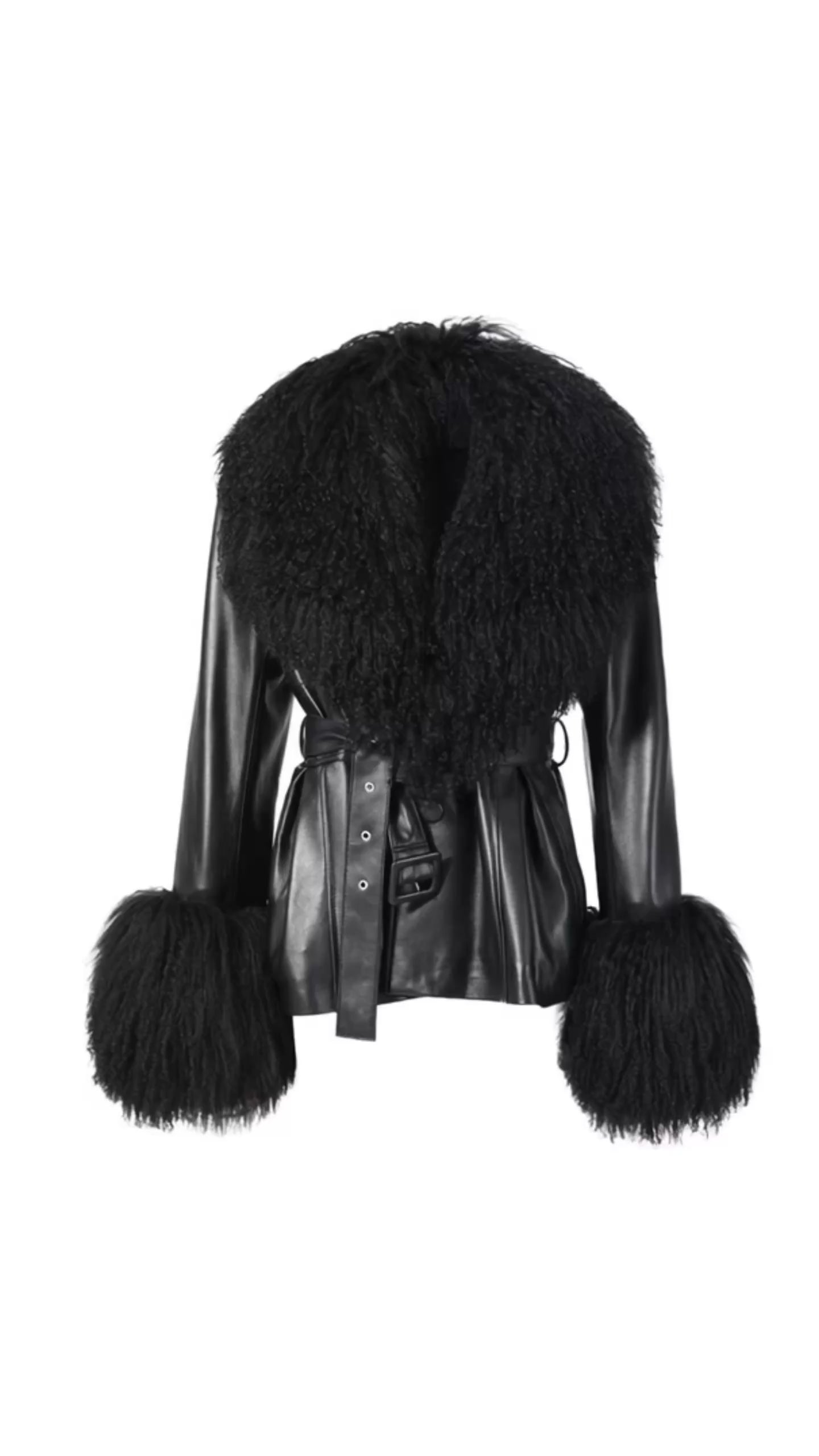 Belted Leather Jacket With Mongolian Fur
